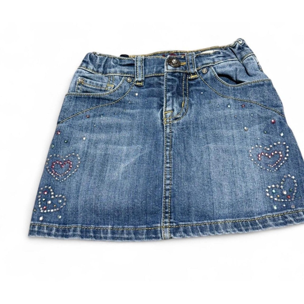 PLACE Girls Size 5 Denim Skort Rhinestone Heart Embellished Y2K Jean Skirt